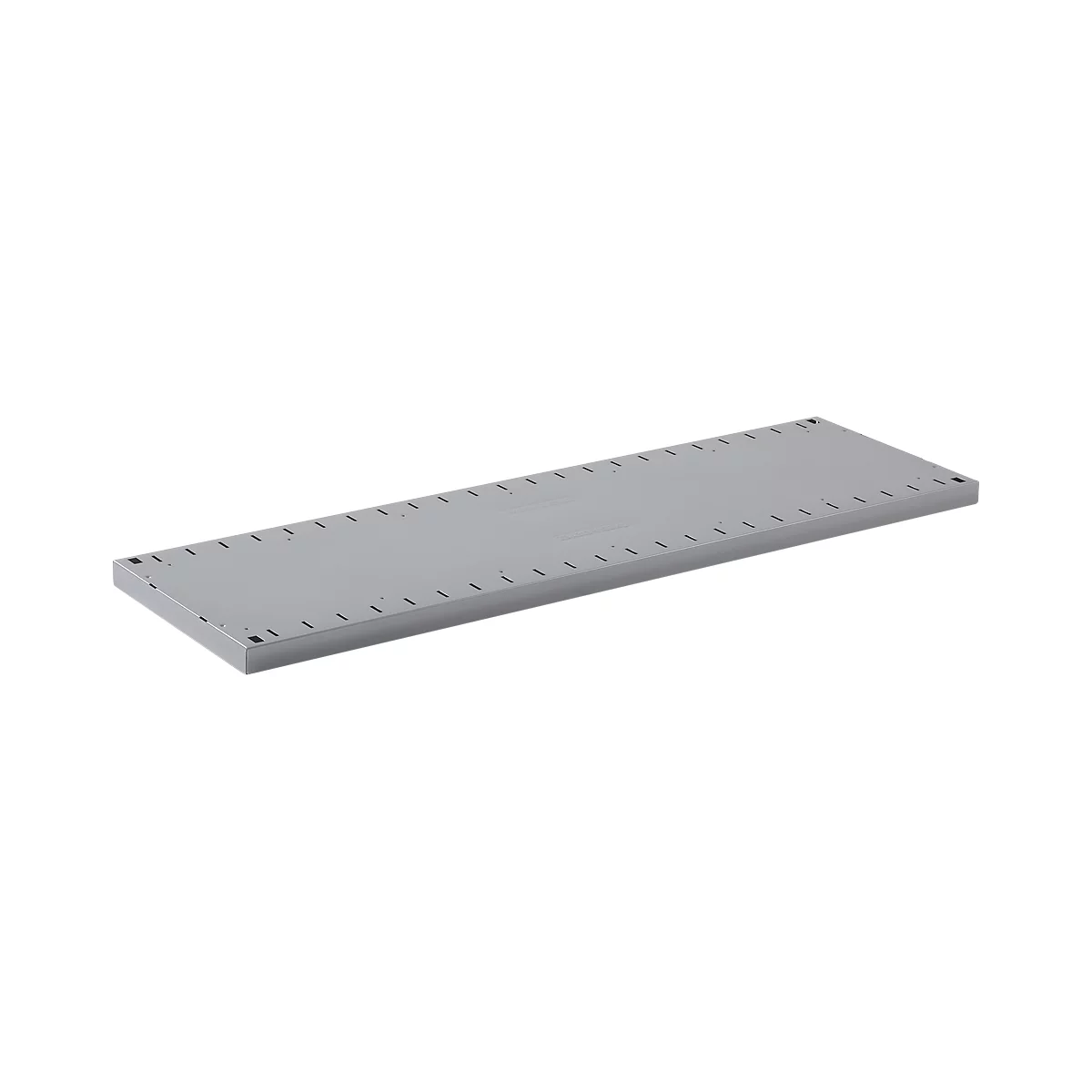 Gray rectangular plate with a series of holes on the sides. Perspective view.