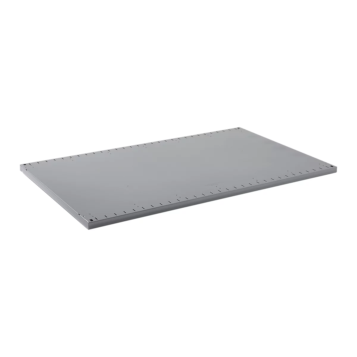Grey, rectangular shelf with holes on the edges.