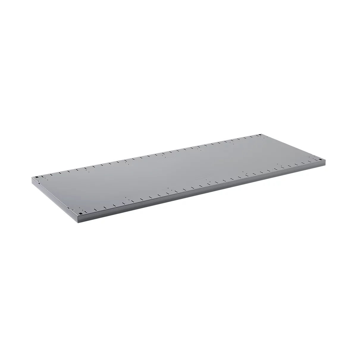 Gray metal plate with holes along the edges. Perspective view against a neutral background.
