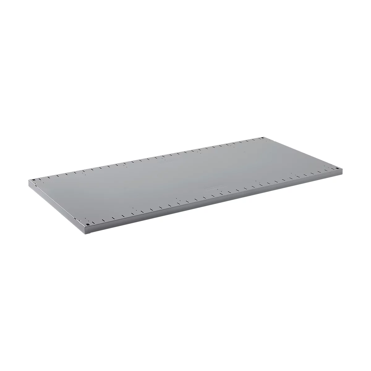 Gray metal plate with perforated edge.