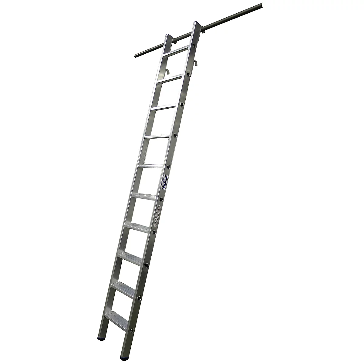 A silver ladder, attached to a horizontal bar, leans diagonally against a white background.