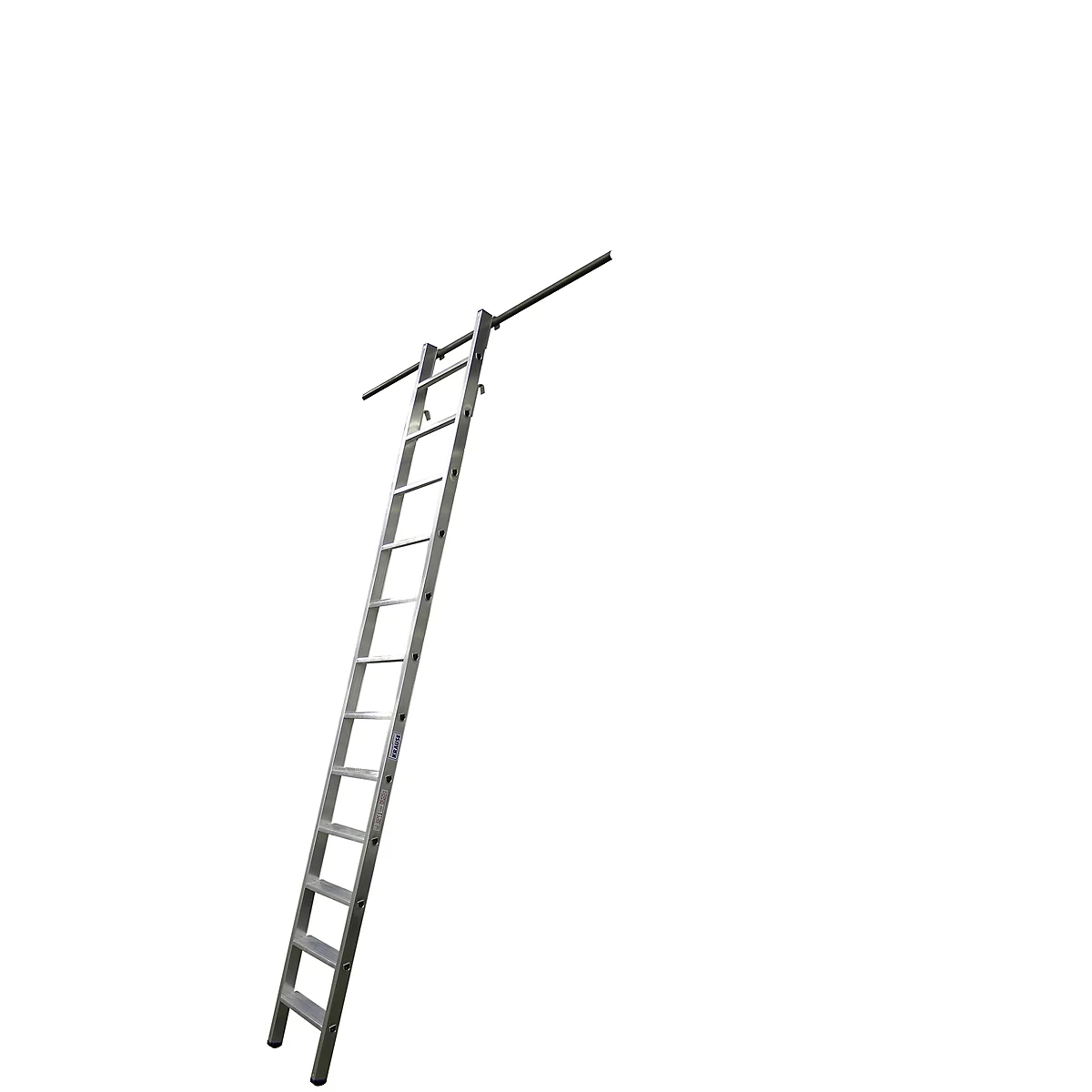 Gray ladder running diagonally upwards. It has rungs and a crossbar at the top.
