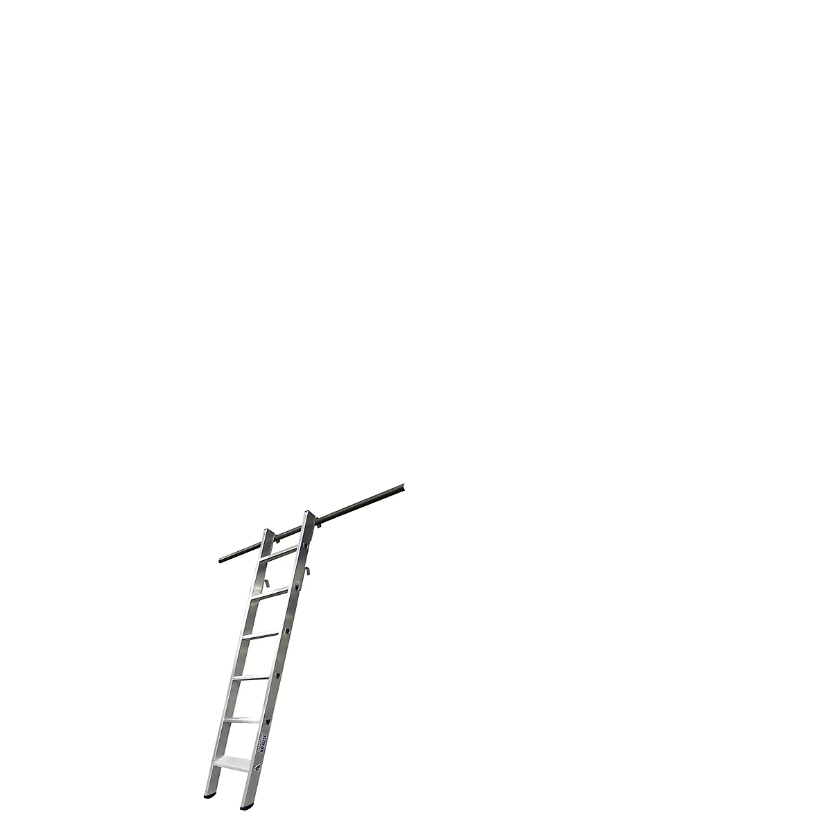 A silver ladder is leaning against a black pipe, against a white background.