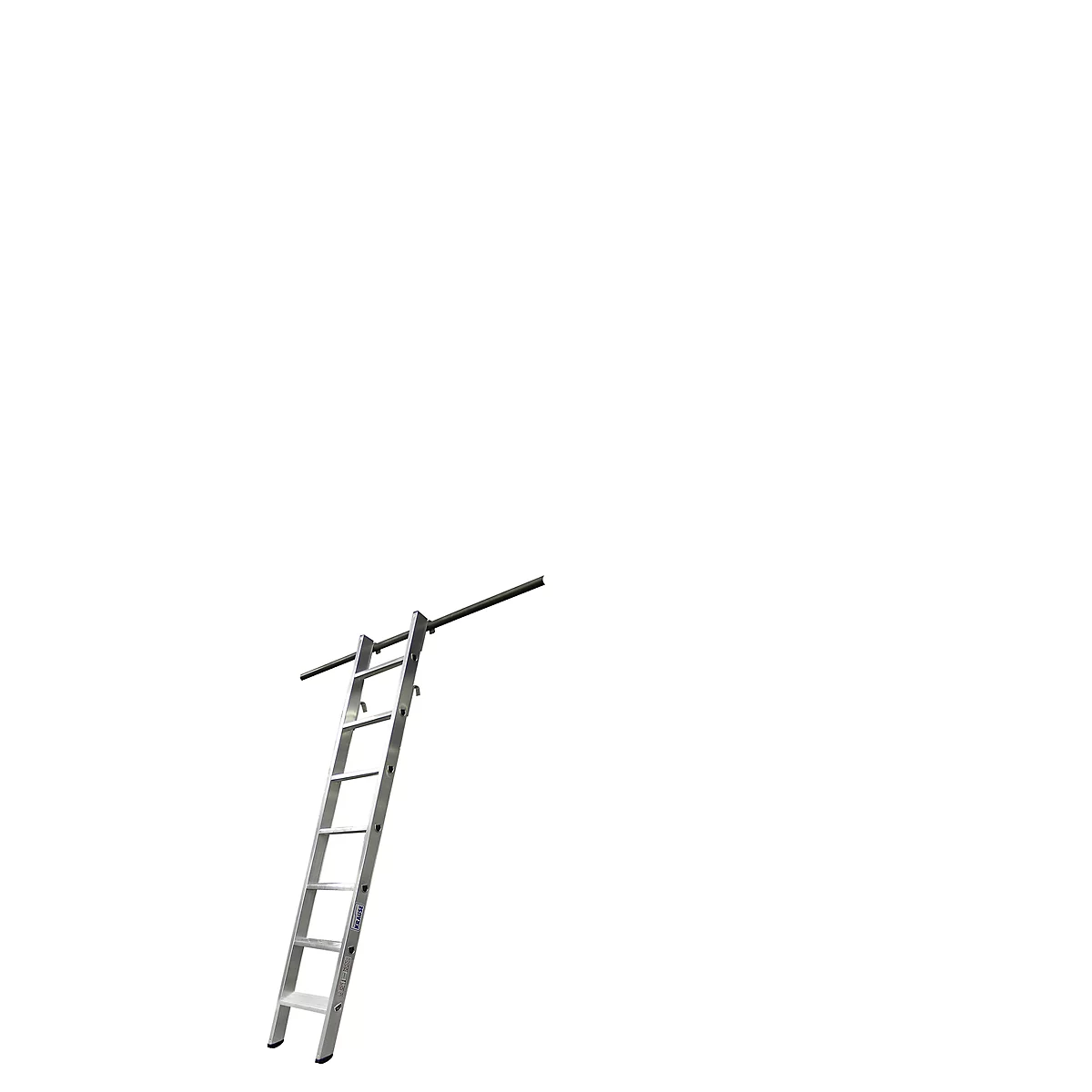 Gray ladder leans against a dark pipe. The background is white.