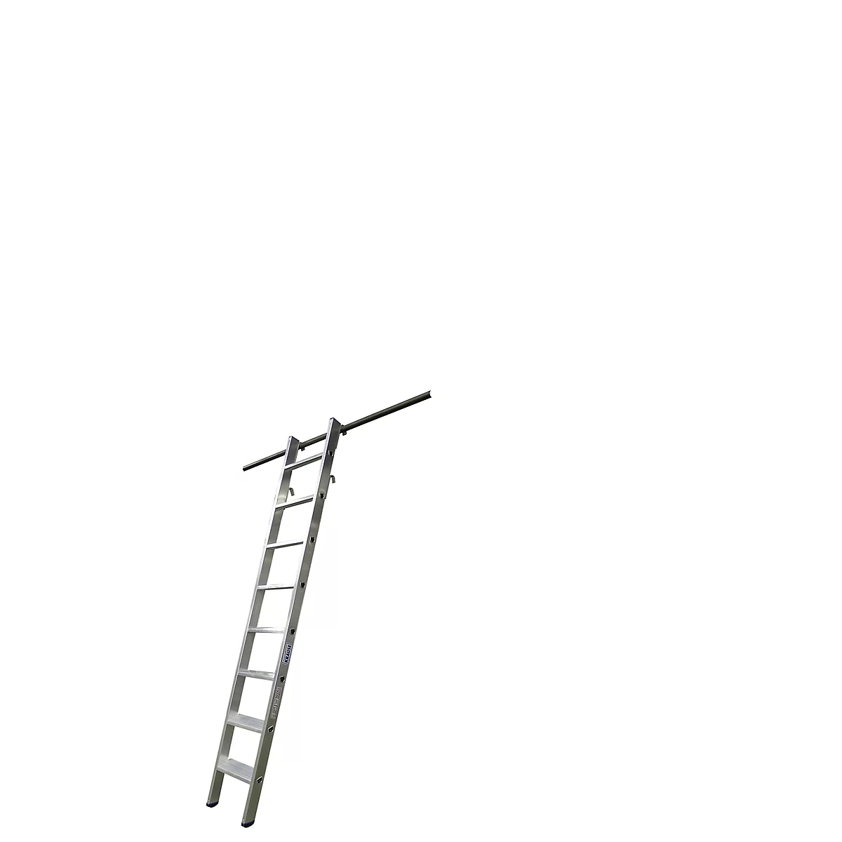 Gray ladder against a white background. A bar is attached to the top.