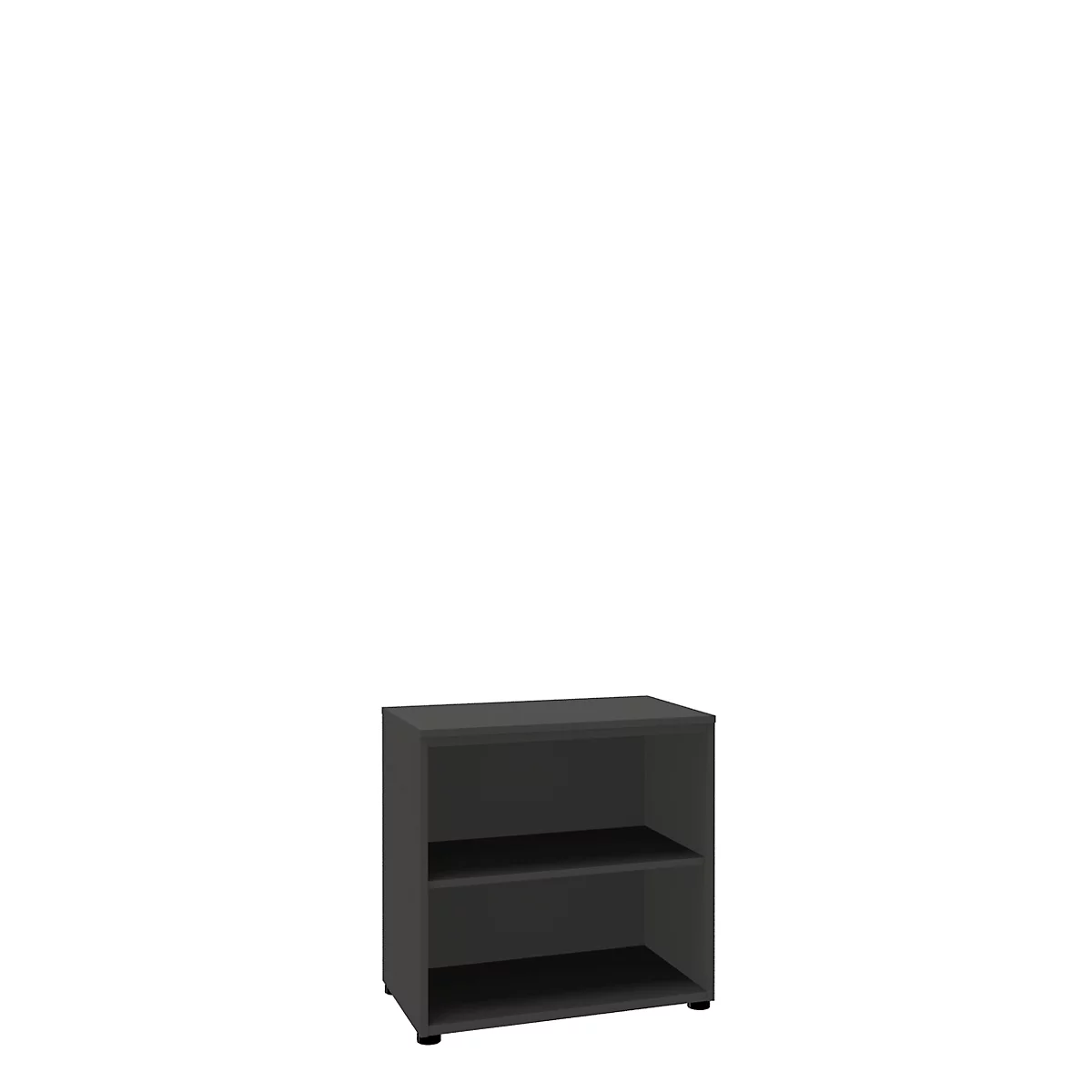 Dark gray two-tier cube with open shelves. It stands on two small feet, against a white background.