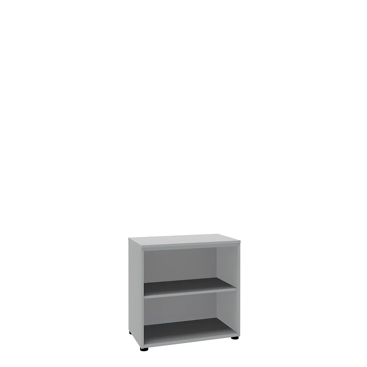 A grey, rectangular cabinet with two open compartments, against a white background.