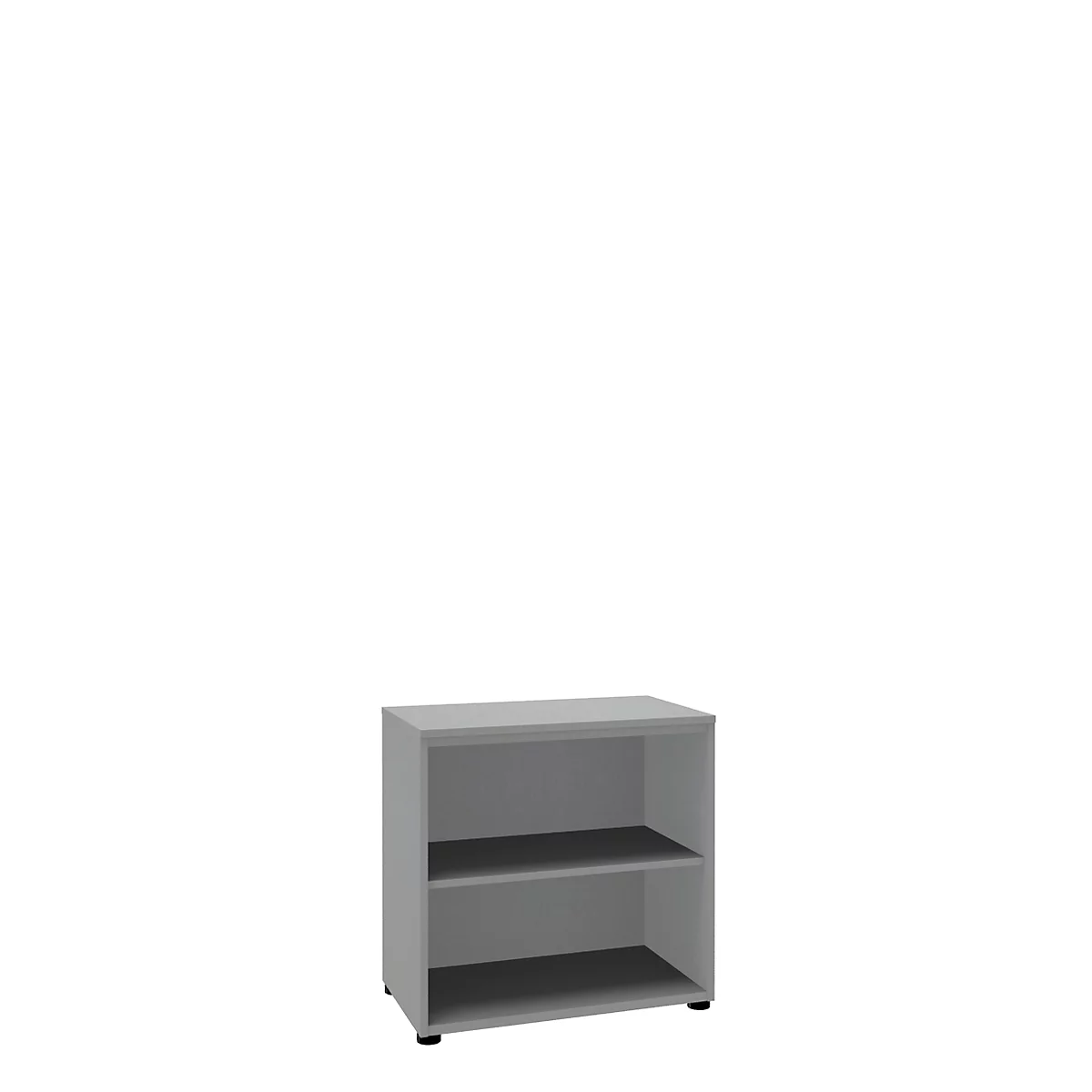 Gray, rectangular cabinet with two open shelves.