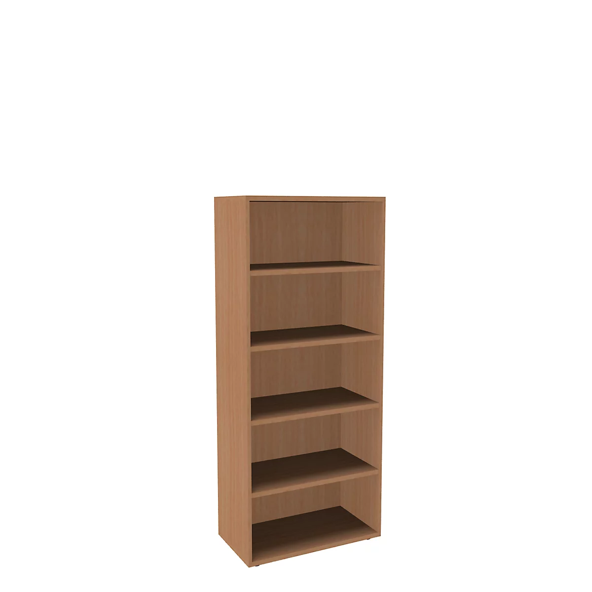 A tall, brown cabinet with six open shelves, against a white background.