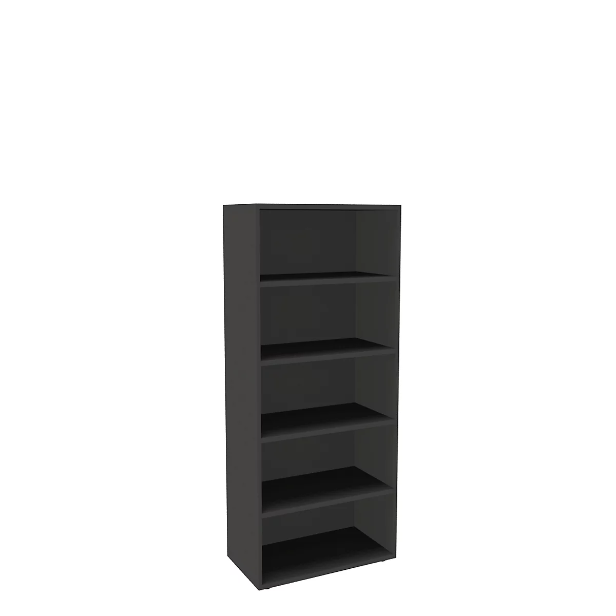Grey bookshelf with six compartments on a white background.