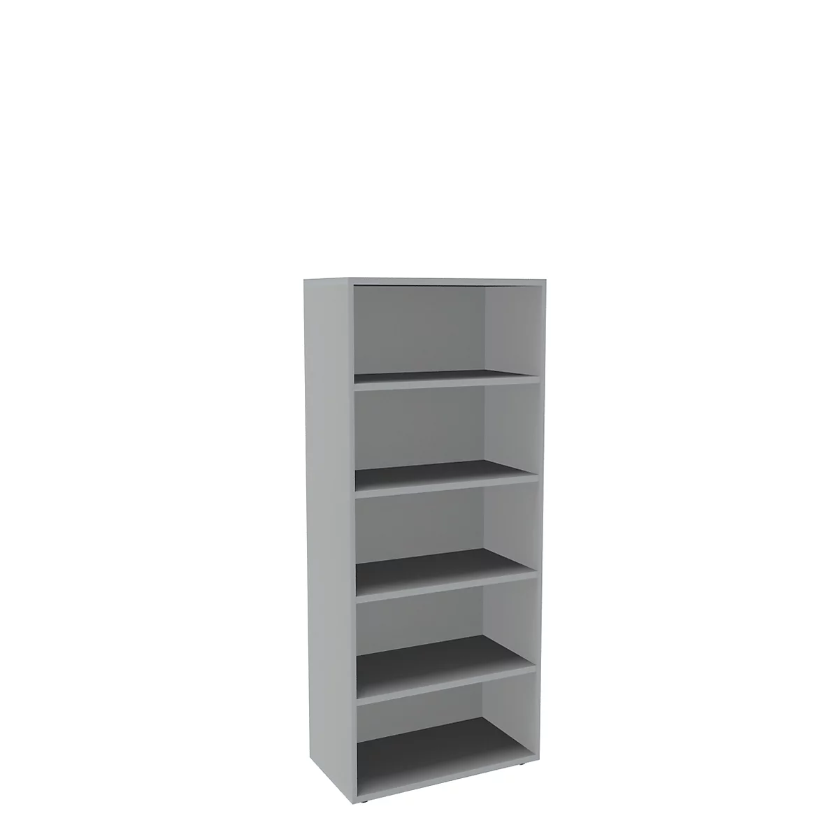 Gray, upright bookshelf with five compartments, against a white background.