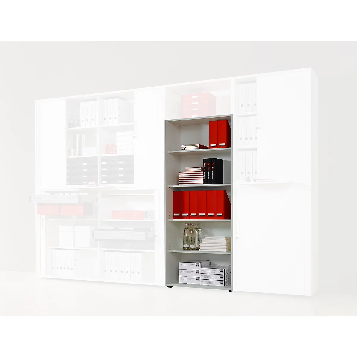 Gray shelving unit with red folders, books and files against a white background. Additional folders and files are in other shelving units.