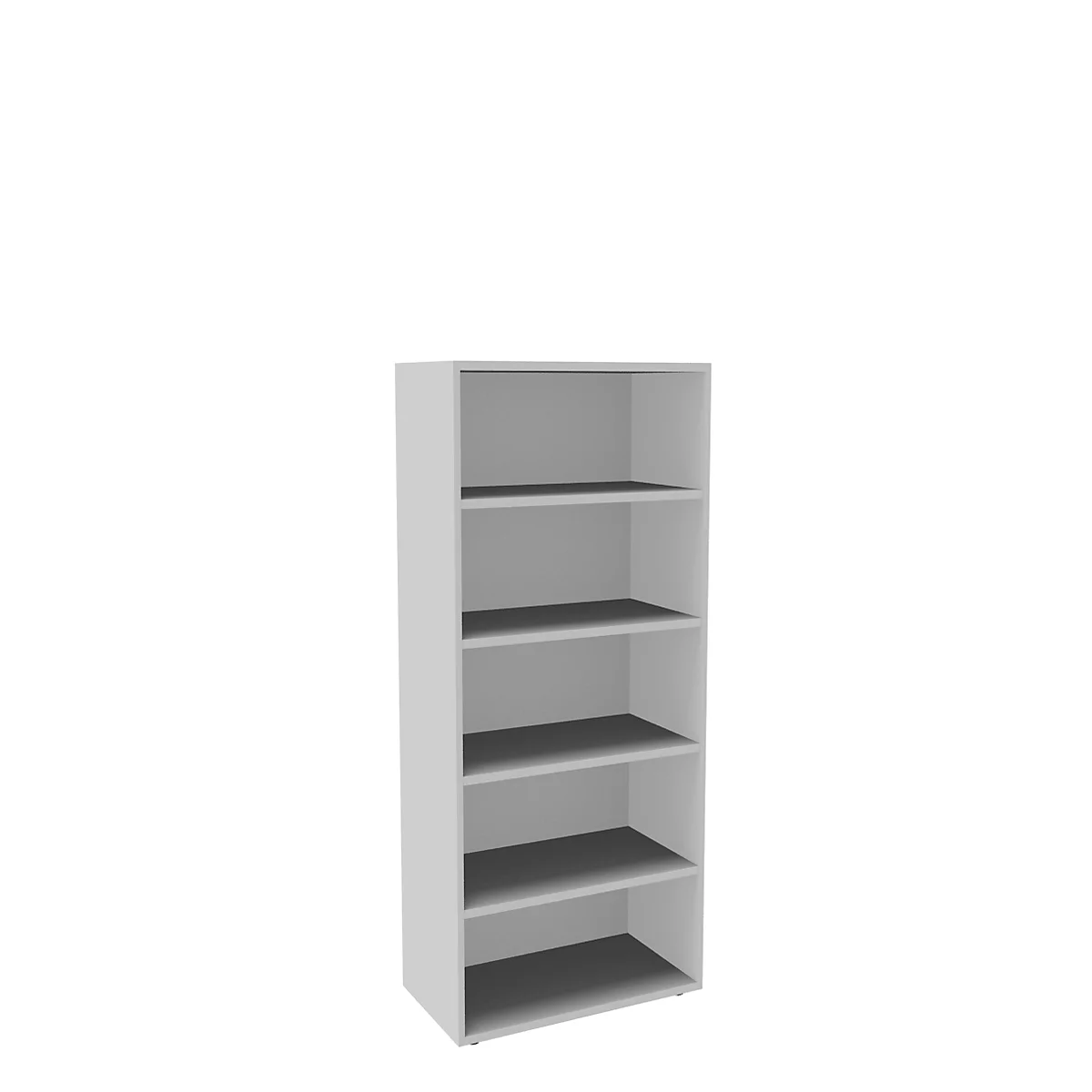 A white bookshelf with five compartments against a white background.