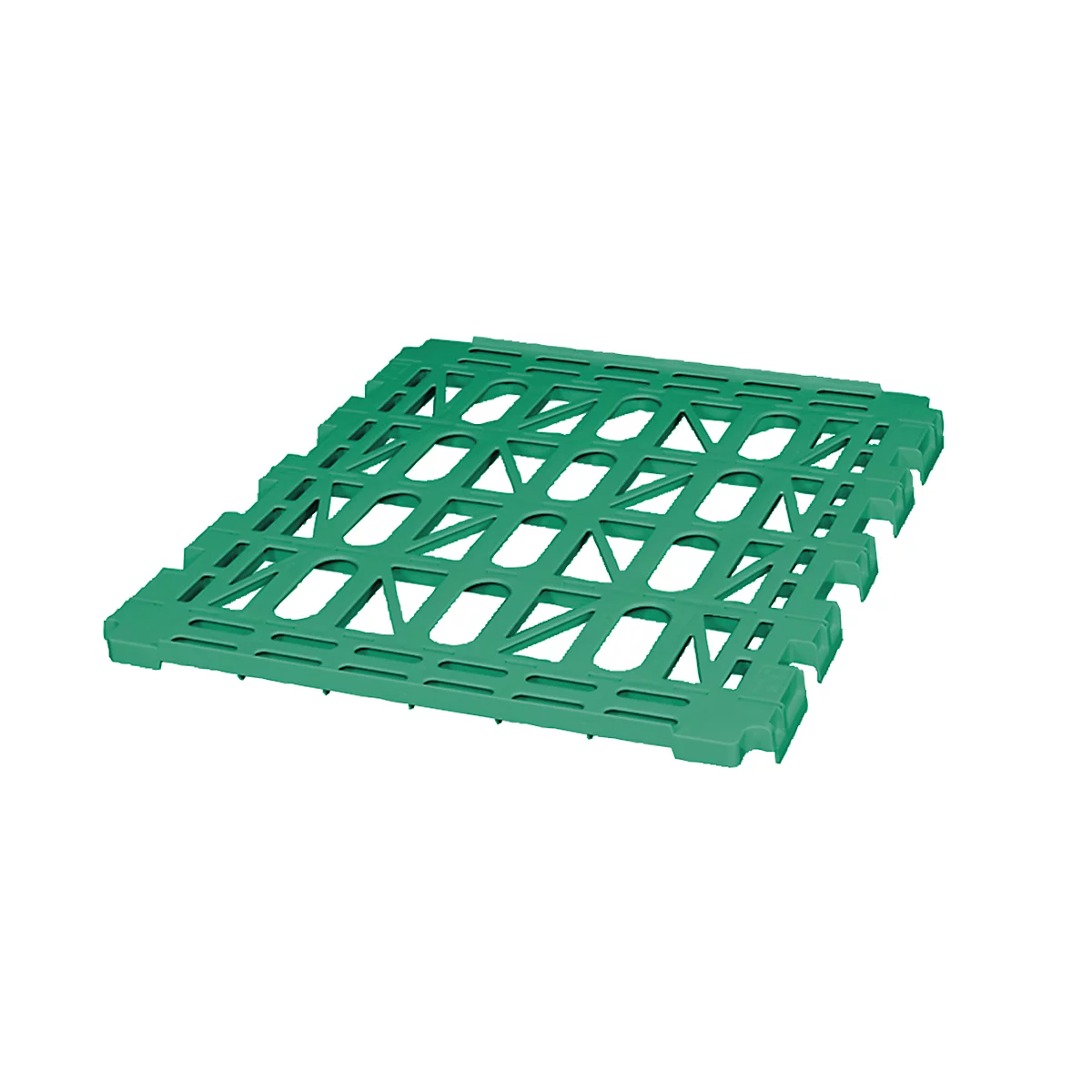 Green, rectangular plastic pallet with rectangular openings and supports. The pallet is slightly angled.