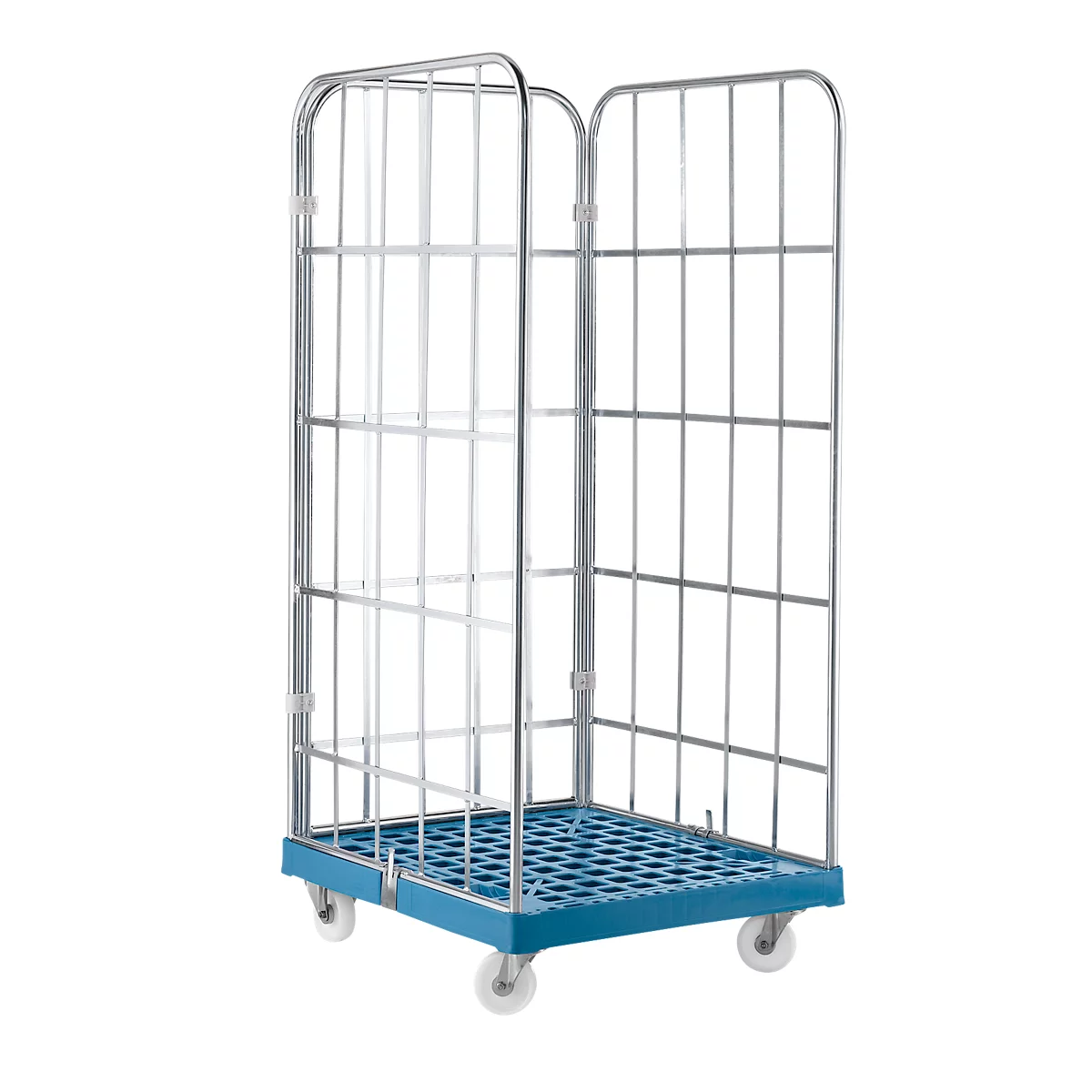 A metal cage trolley with a blue base and silver frame. It has white wheels.