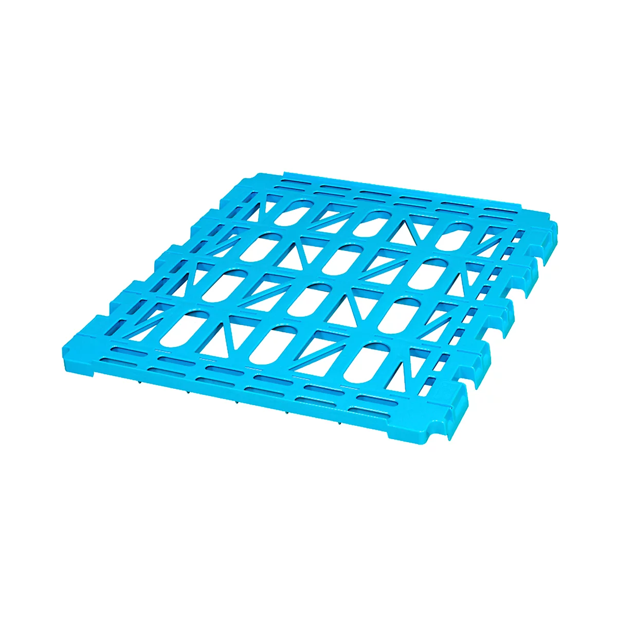 Light blue plastic grid pattern with rectangular and triangular openings.