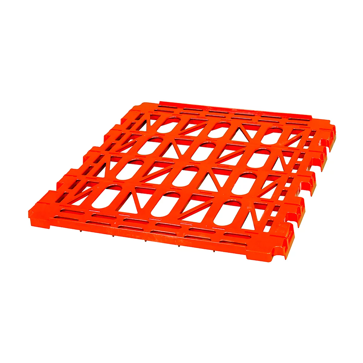 An orange perforated plastic pallet composed of various geometric shapes.