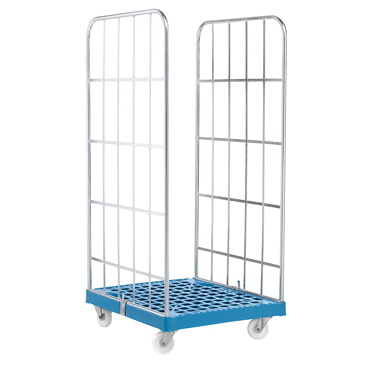 Blue roll container with wire mesh sides and wheels. The trolley is on a white background.