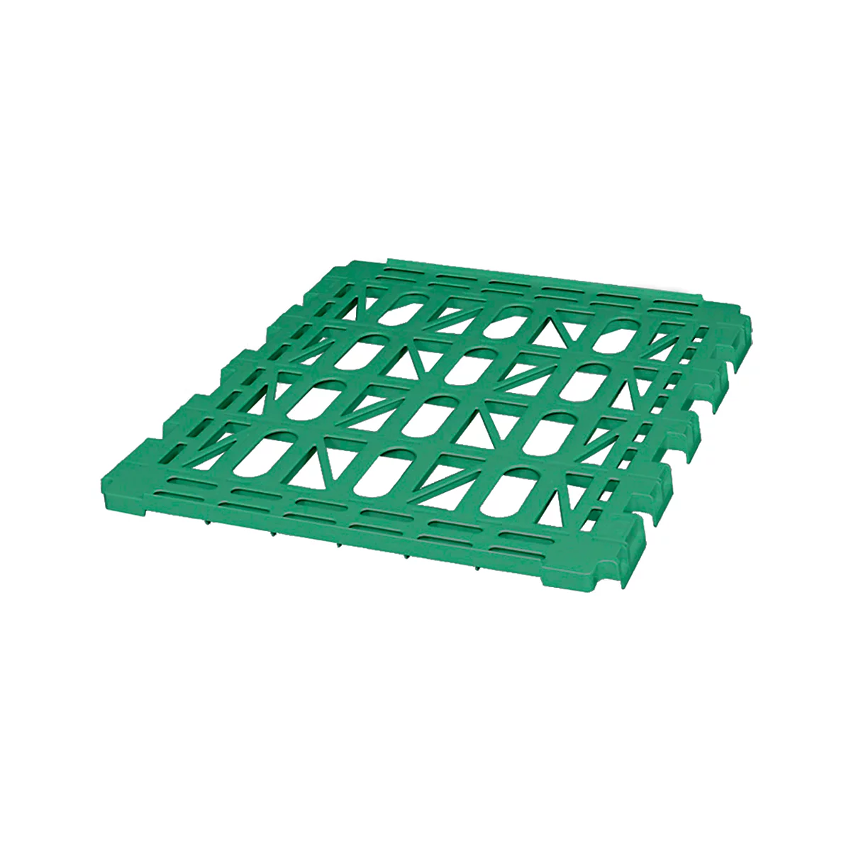Green plastic pallet with rectangular openings. The structure is repetitive and stackable.