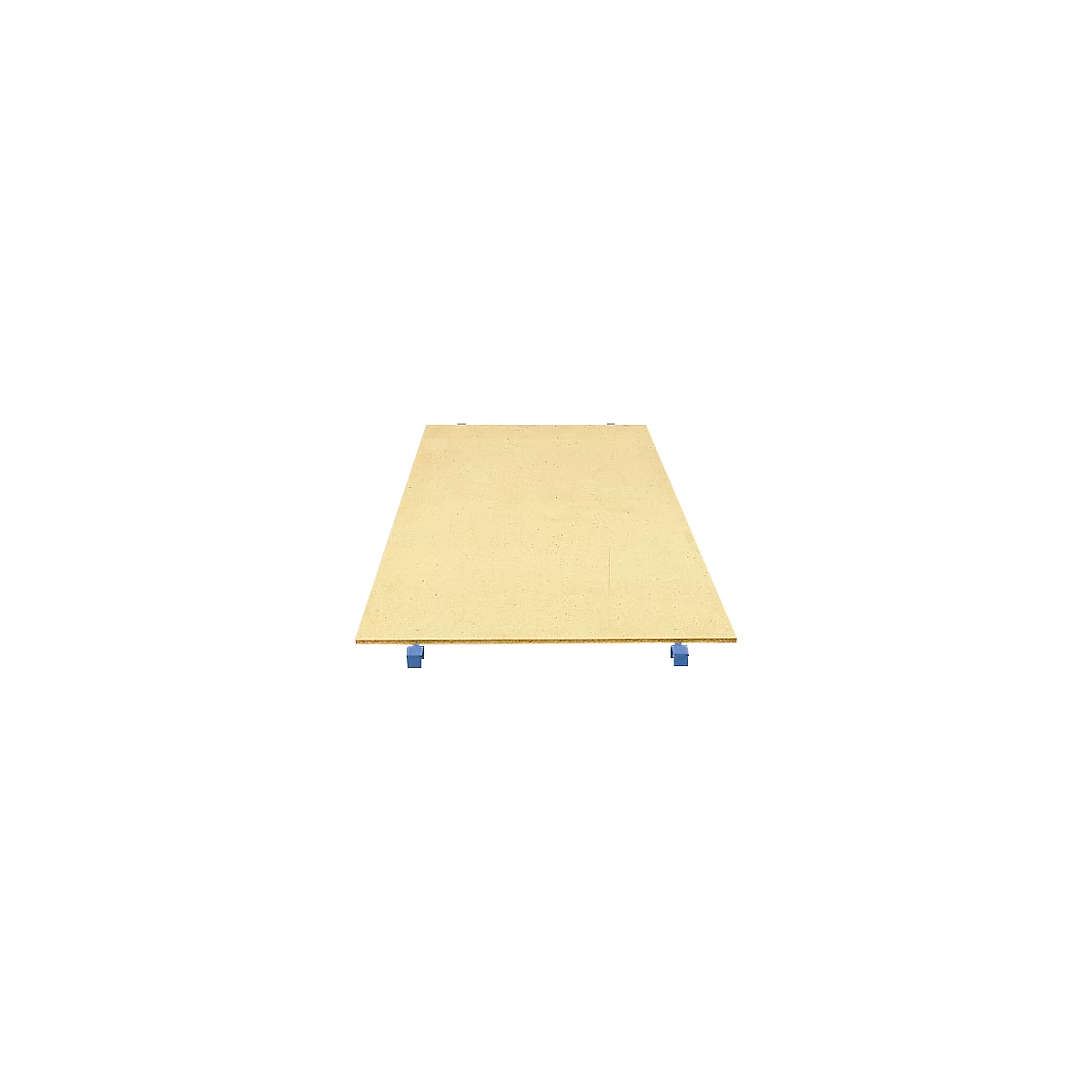 Light brown wooden board, slightly angled from a bird's eye view. Blue holders on the corners.