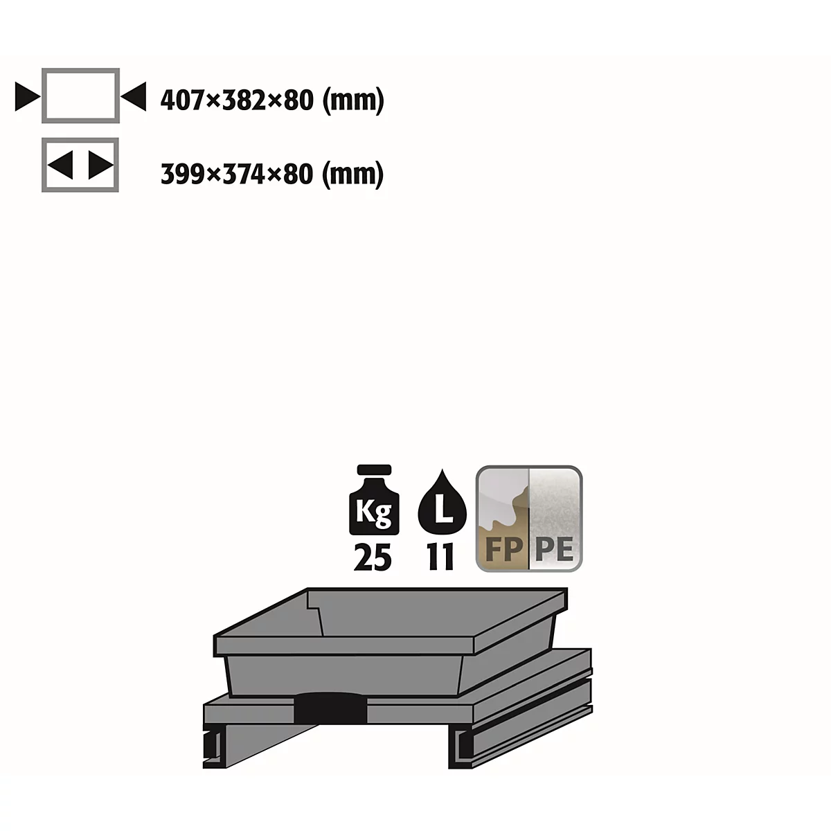 Grey plastic box, with dimensions, weight, and volume.