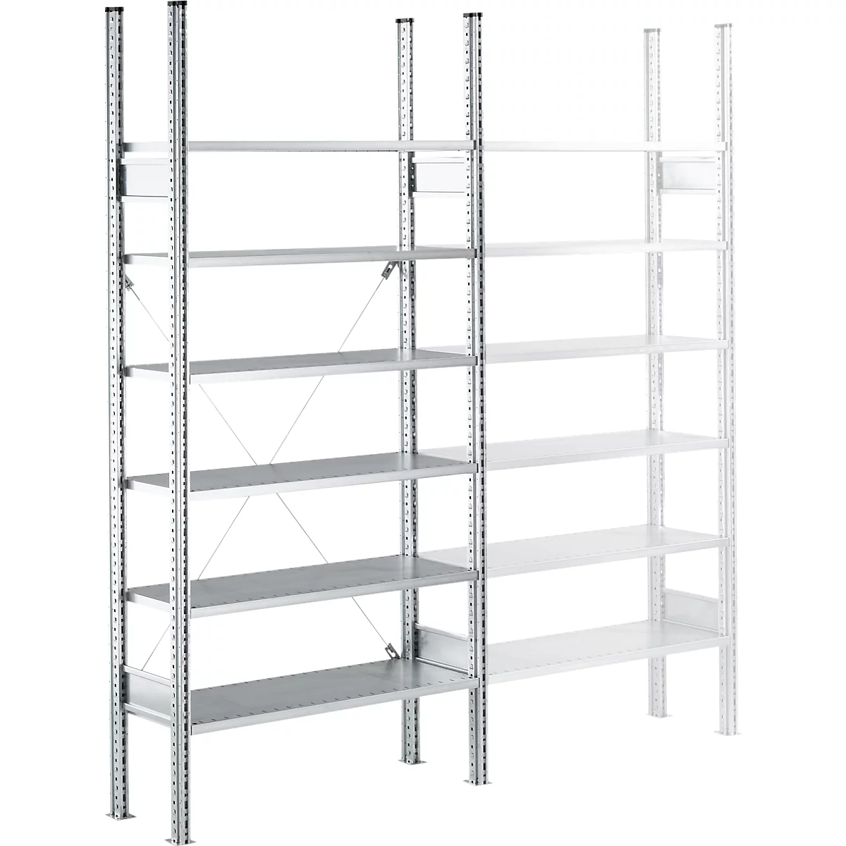 Metal shelving unit with multiple shelves, isolated against a white background.
