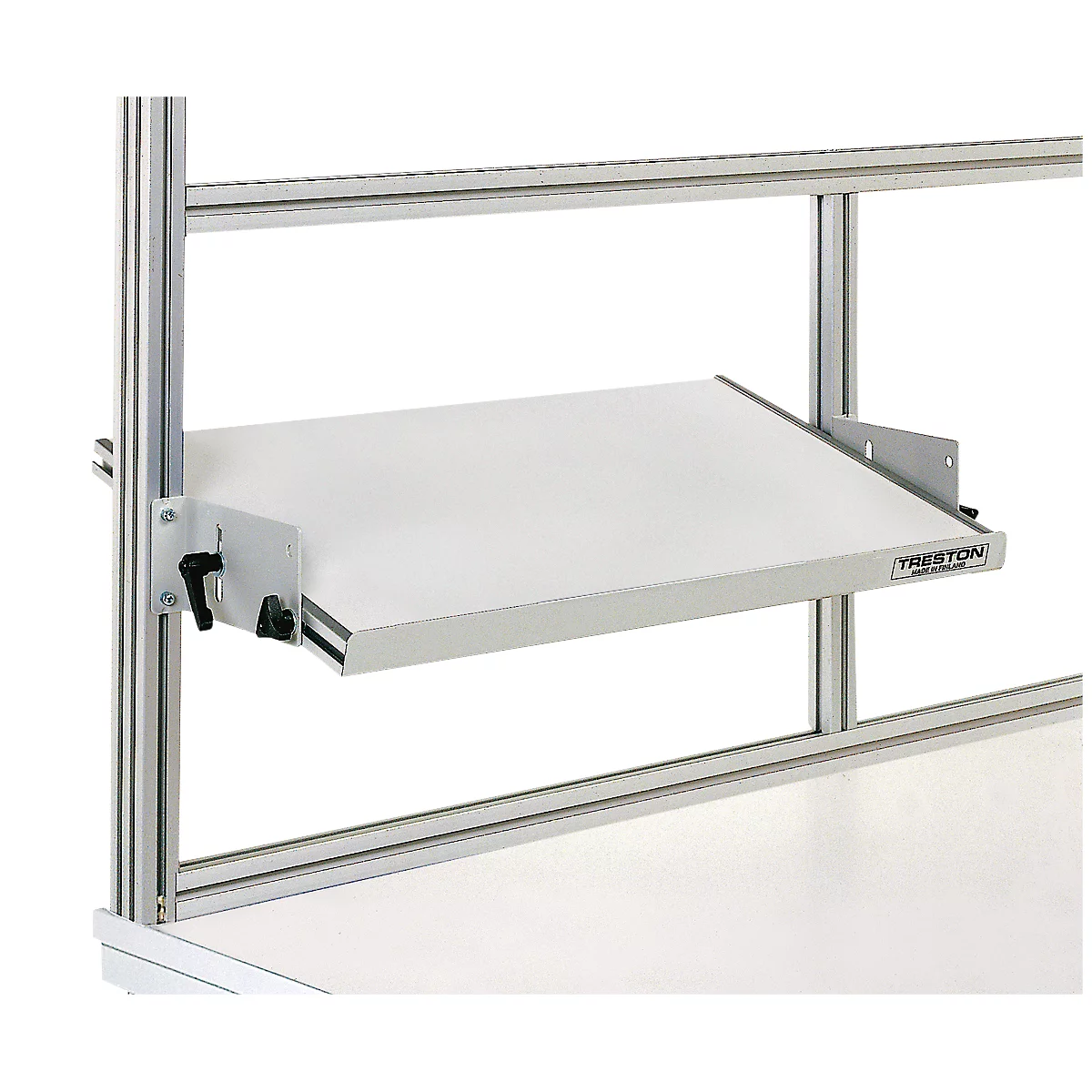 A white shelf attached to a metal frame. There is a black lever on the shelf.