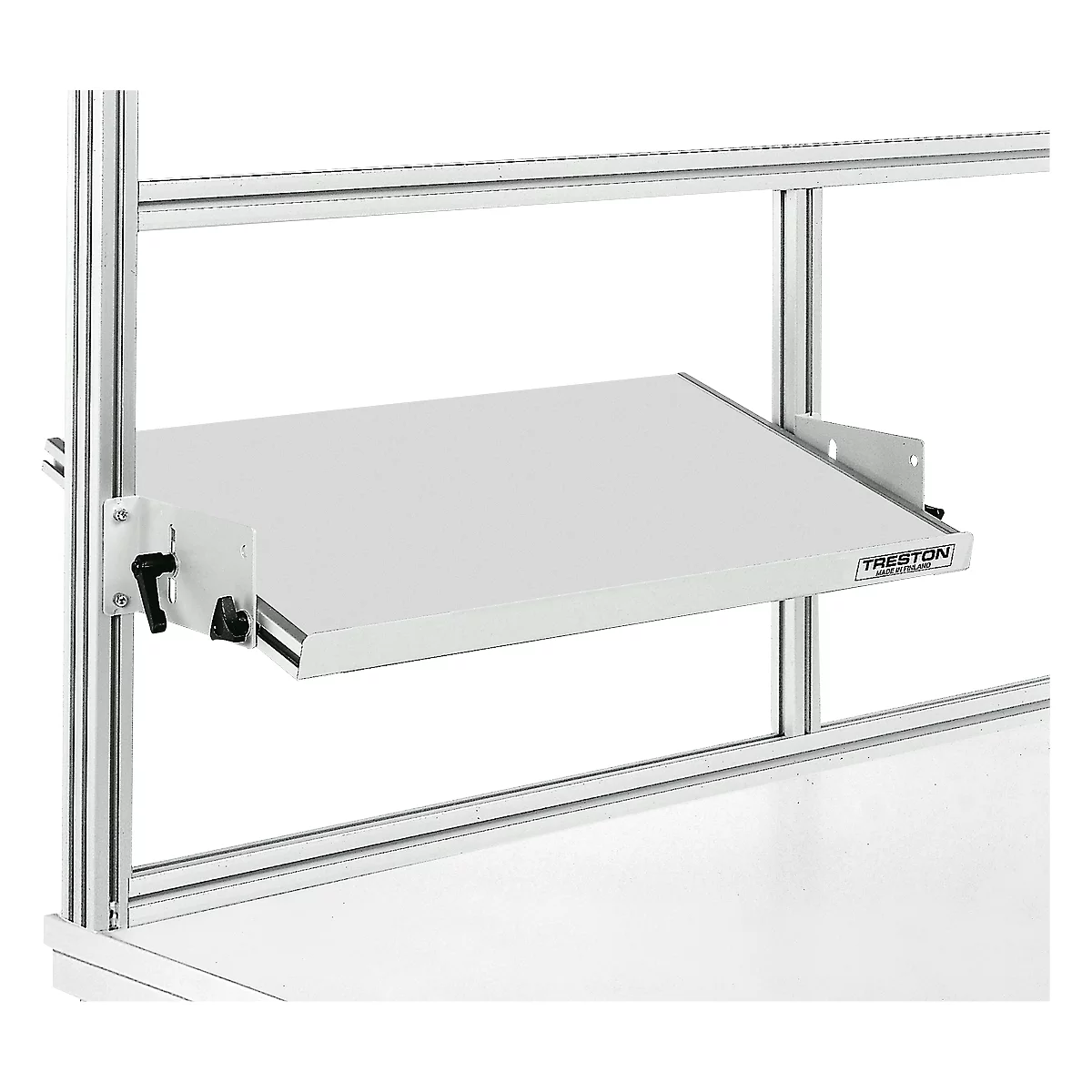 White shelf on a frame, below a white table. The shelf reads "TRESTON". With black rotary lock.