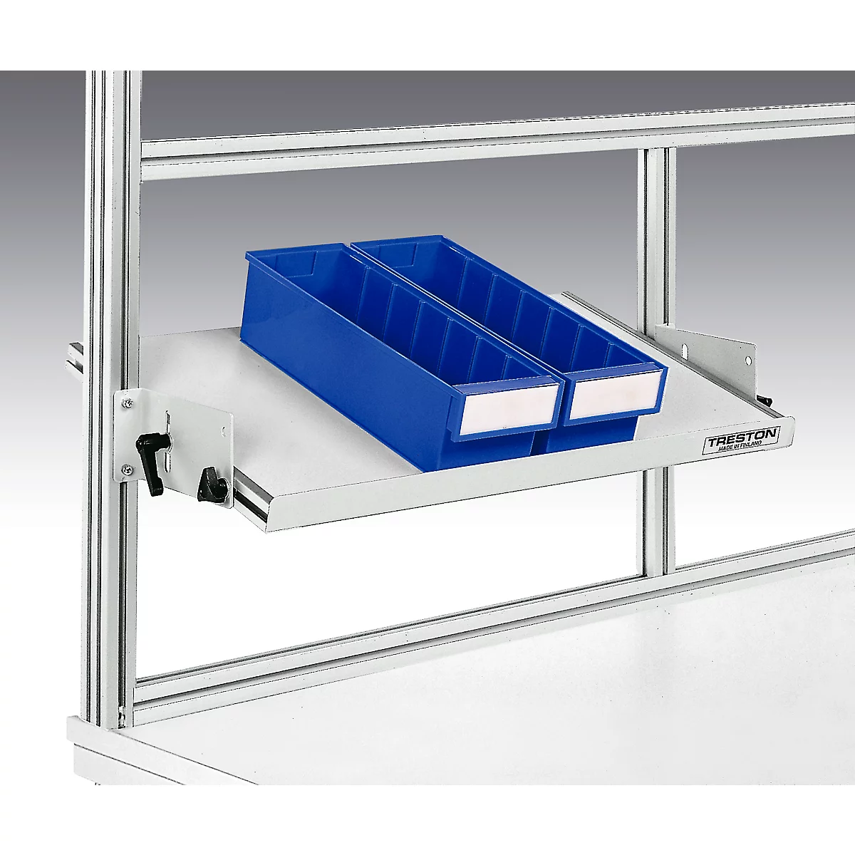 Blue bins on a shelf, attached to a metal frame.