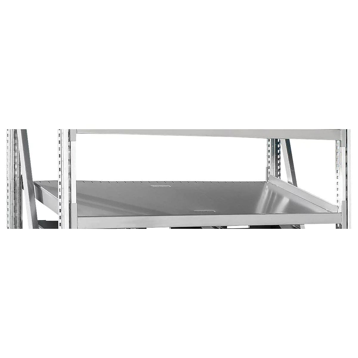 Metal shelf with sloping shelves, against a white background.