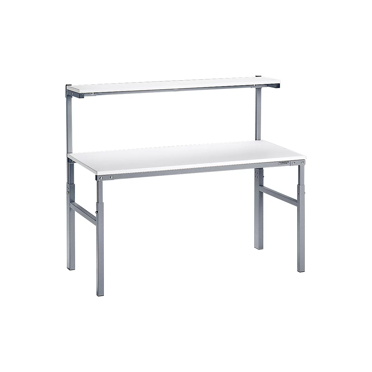 White workshop table with a second shelf, gray frame. Well suited for workshop work.