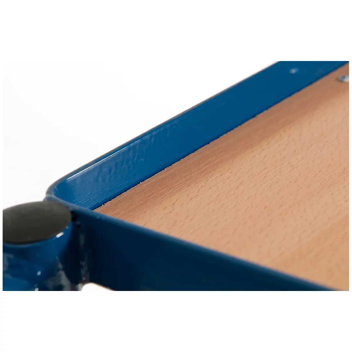 Detailed close-up: Blue metal frame, wooden board with grain.