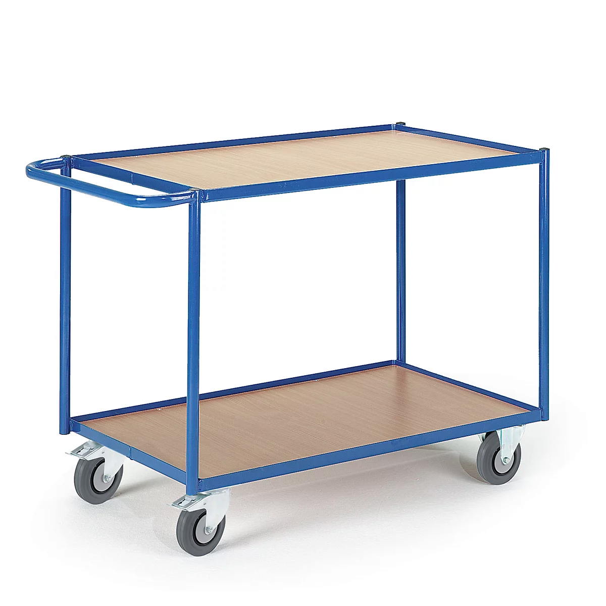 A blue transport trolley with two shelves and castors.