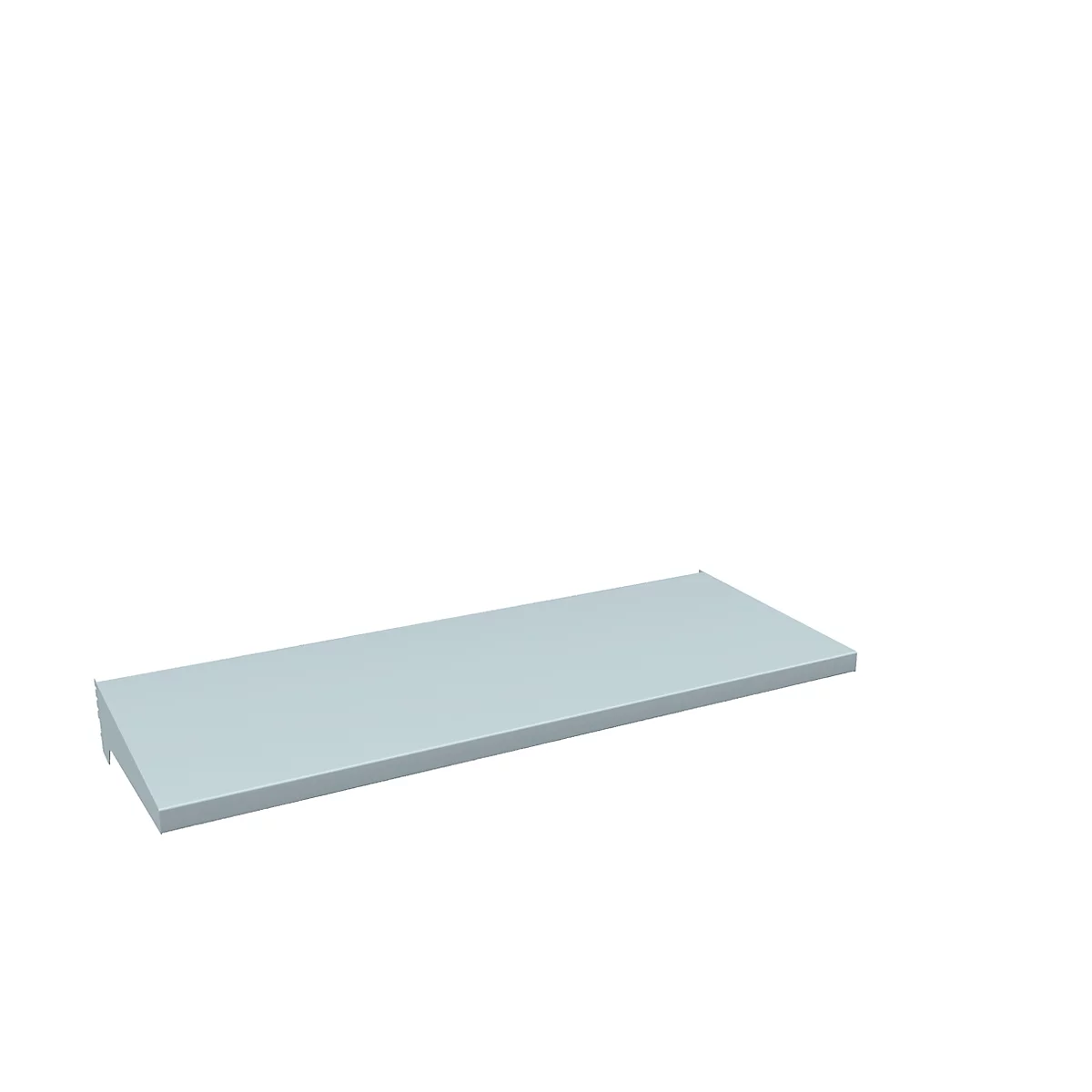 Light gray rectangular shelf against a white background. One edge is slightly bent downwards.