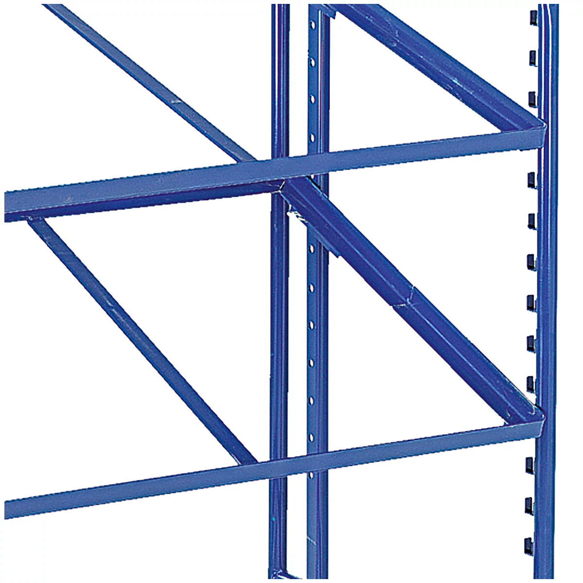 Close-up of blue metal shelving; diagonal struts connected to vertical supports form shelves.