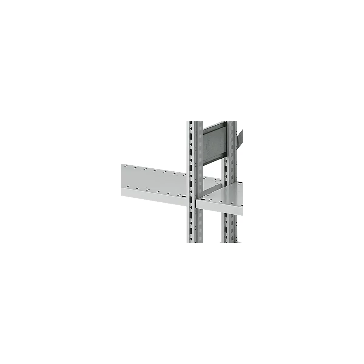 Grey metal shelves, detailed view with holes and struts.