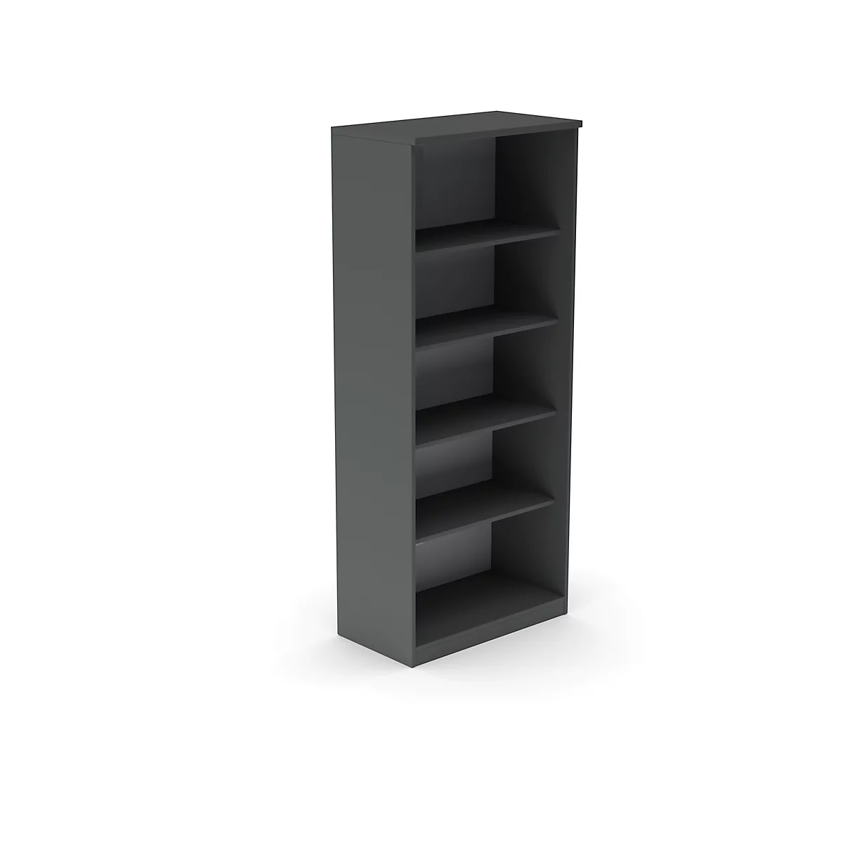 Gray bookshelf with five compartments, isolated against a white background.