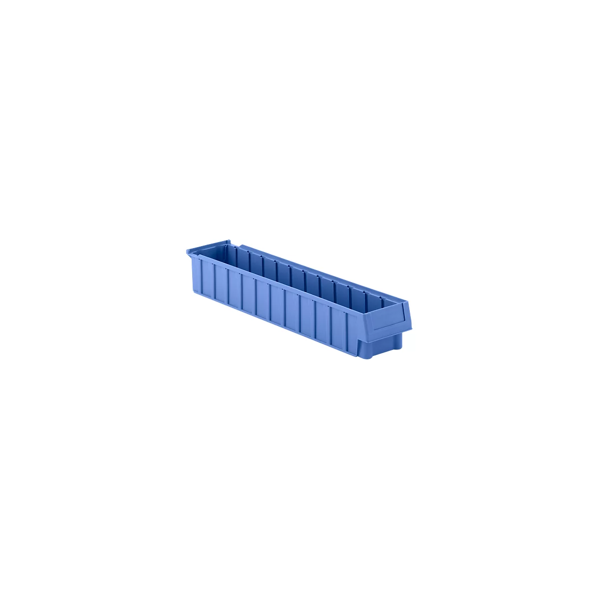 Blue storage box with ribbed structure, slightly angled upwards. It stands on a white background.