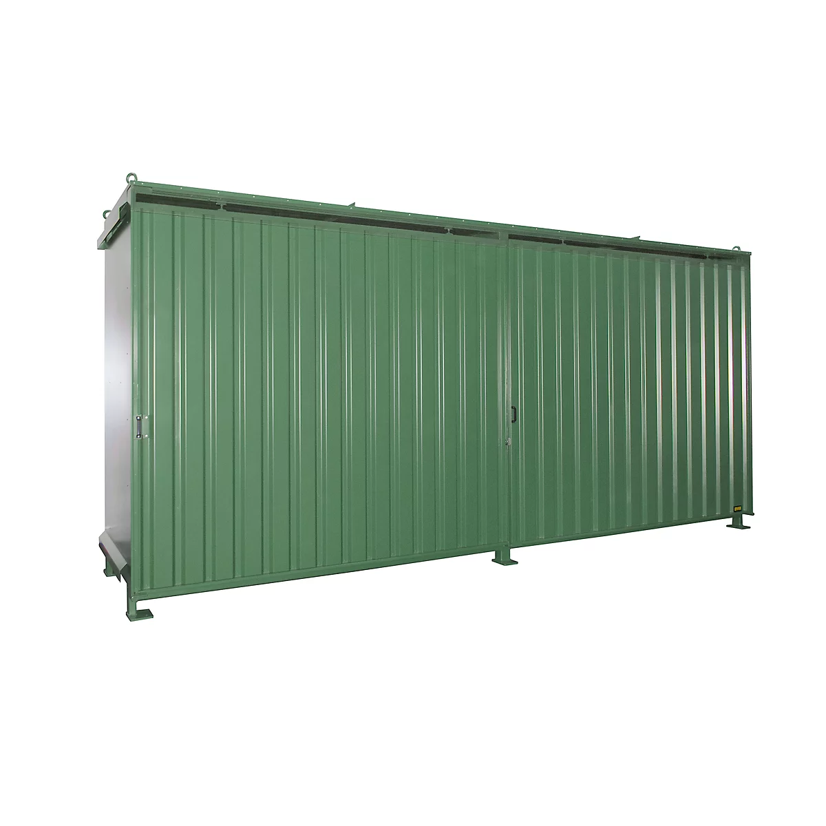 Green metal container with grooves, on a white background, with a door.