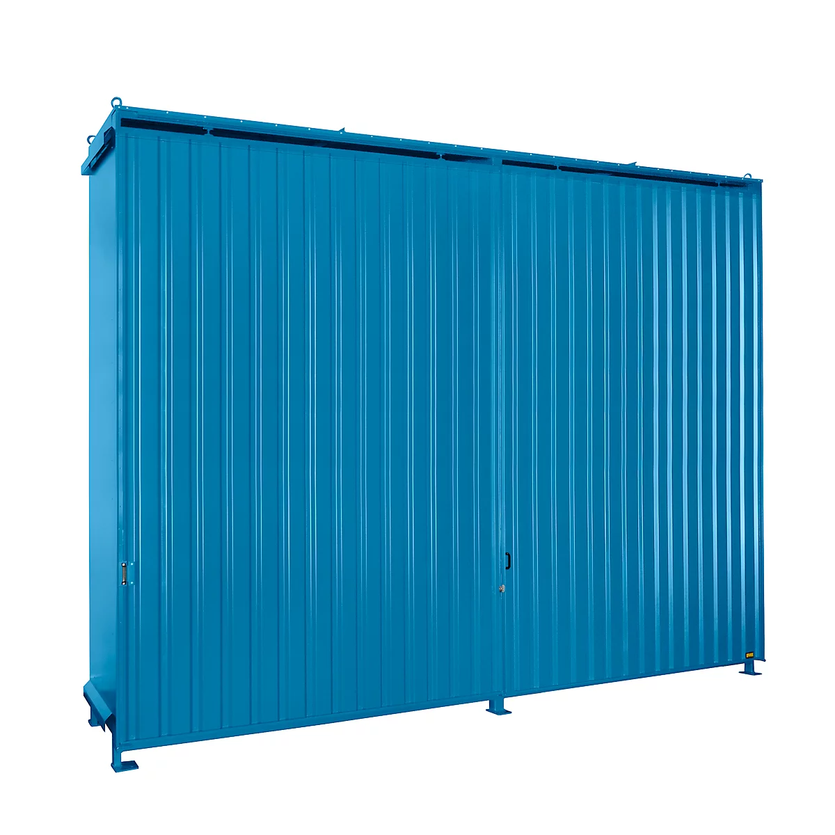 Blue, ribbed metal container with doors, on a white background.