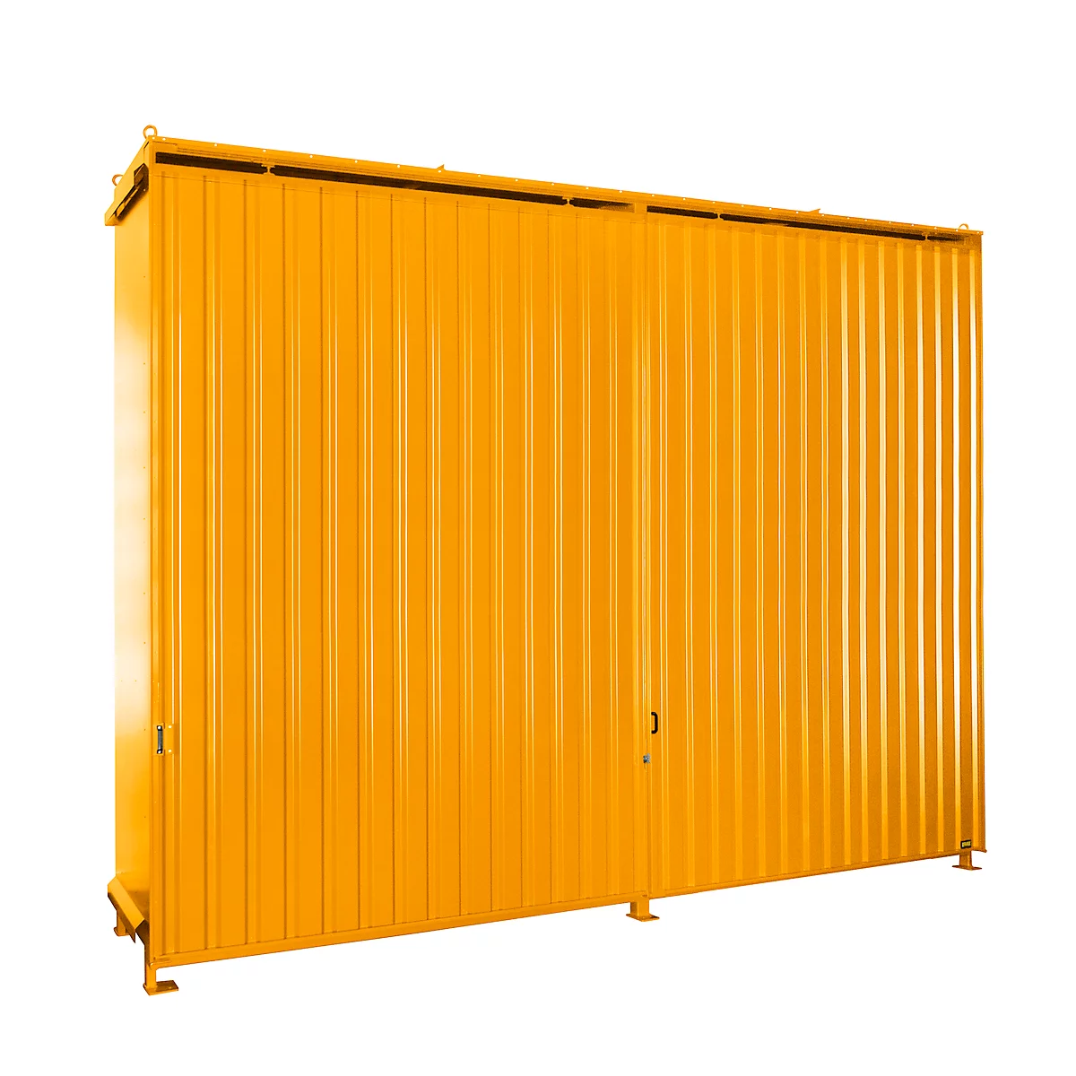 A yellow, corrugated container with doors and feet, against a white background.