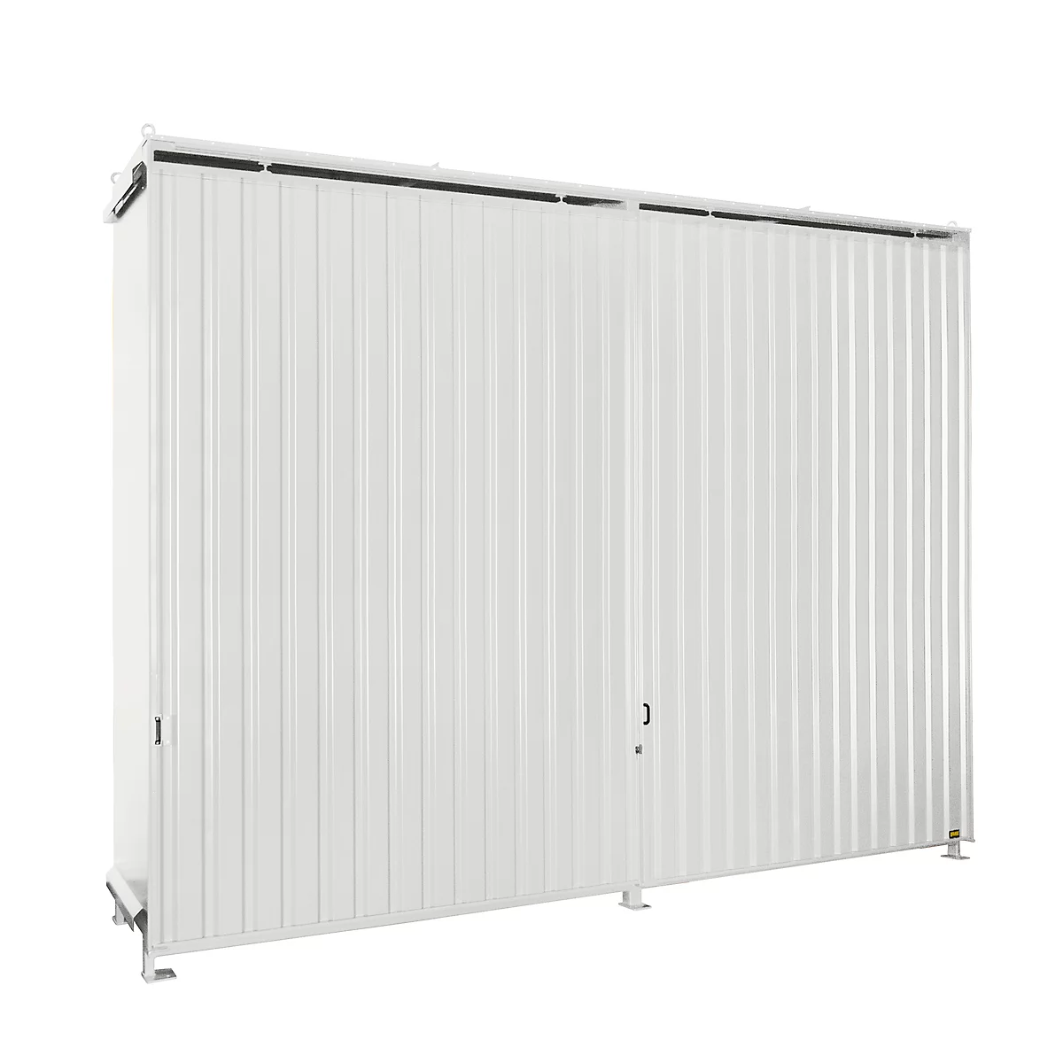 White metal cabinet with a corrugated surface; door with a handle and lock.