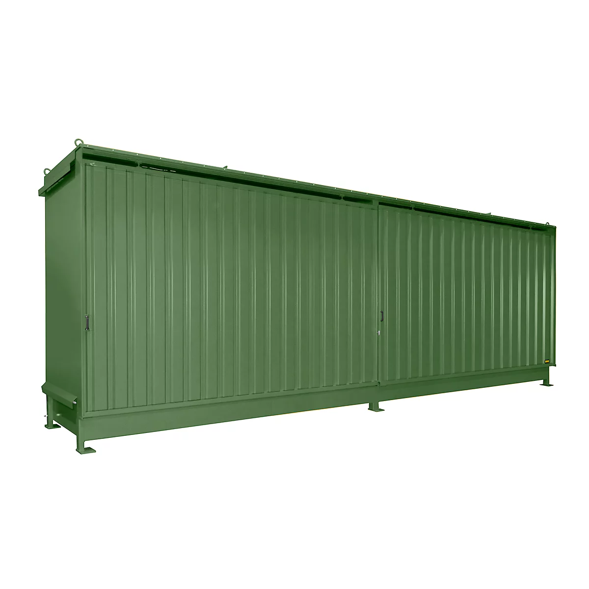 Green metal cabinet with ridged surface, doors, and feet, against a white background.