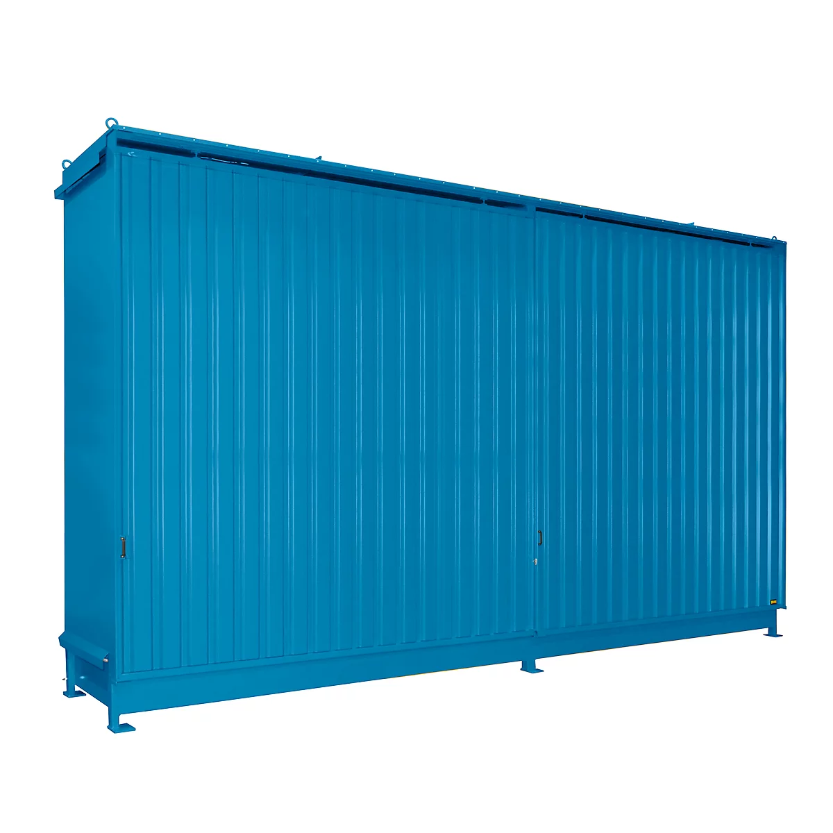 Blue, ribbed container against a white background. Two doors, a small handle, rings at the top.