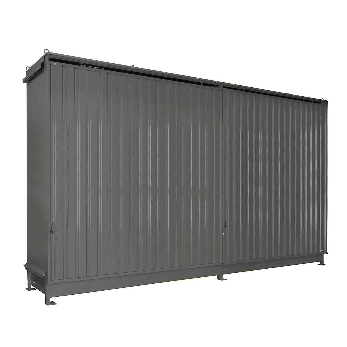 Gray, corrugated steel container with doors and ventilation slits at the top.