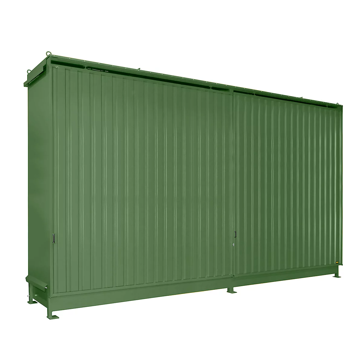 Green container with vertical grooves and doors, against a white background. A sturdy, rectangular design.