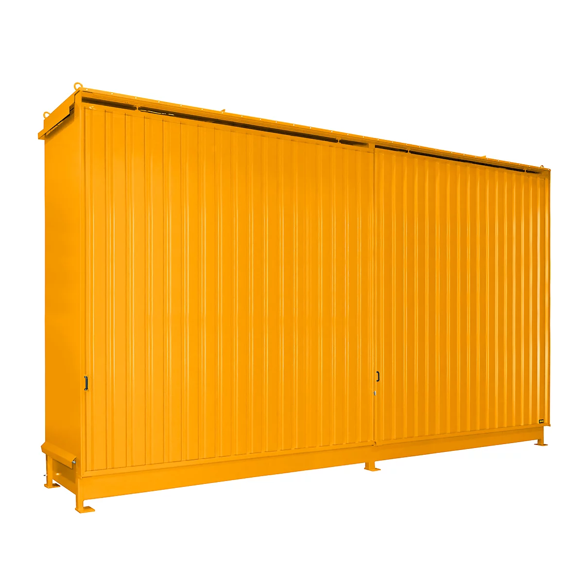Yellow container with ridged sides, two doors, and a narrow roof. It stands on small feet.