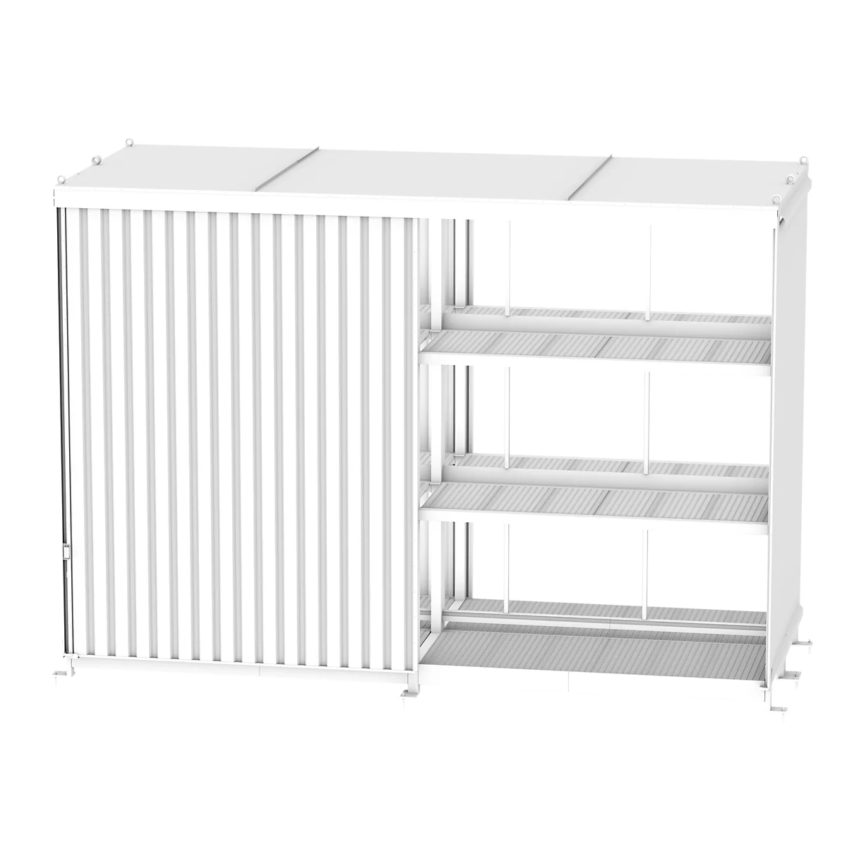 A white metal shelf with three tiers, partially obscured by a vertically grooved sliding wall.
