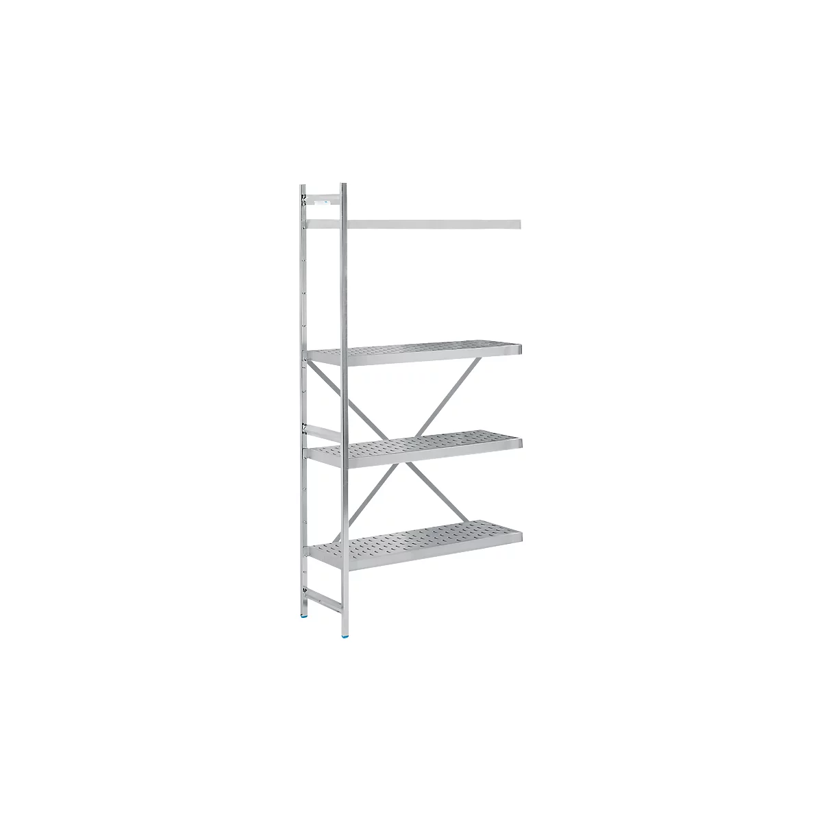 A silver metal rack with four perforated shelves. Blue rubber studs are attached to the corners.
