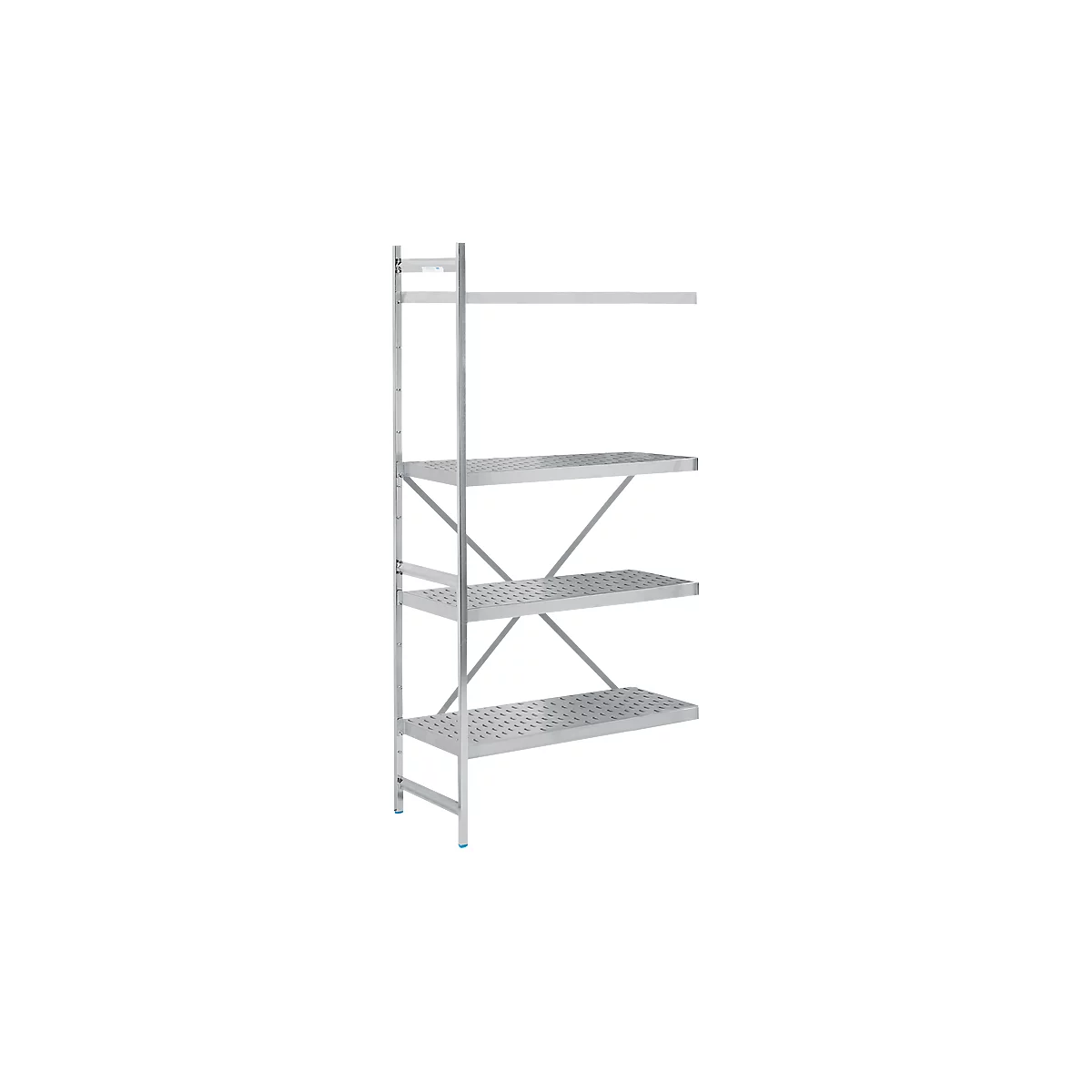 A metal shelving system, consisting of four shelves, with a diagonal bracing.